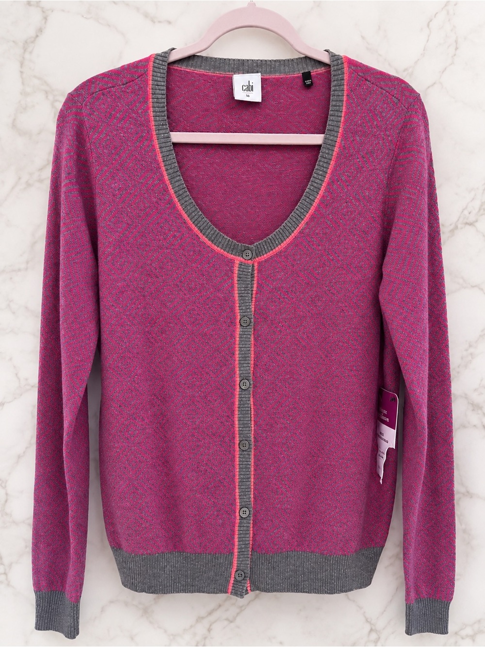 CAbi Pink and Gray Trim Button Cardigan